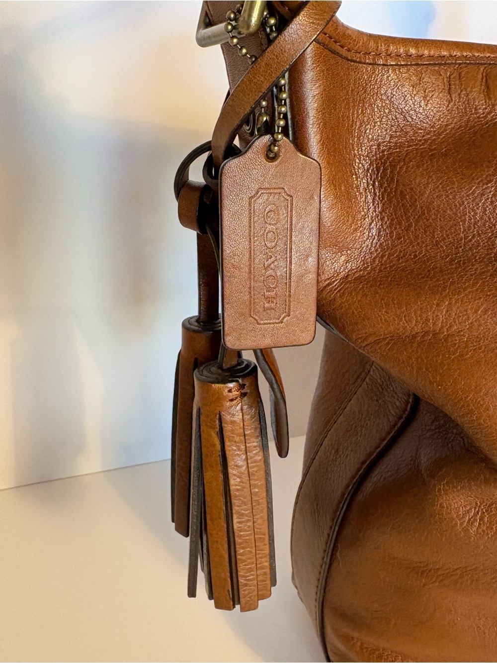COACH Tan Leather Stud-Trim Shoulder Bag with Tassel - Picture 3 of 10